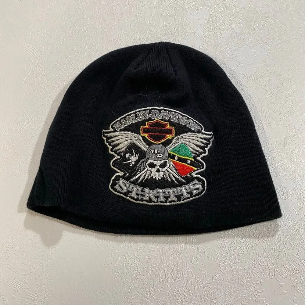 Harley Davidson St Kitts Skull Beanie Hat Black Y2K Biker OS